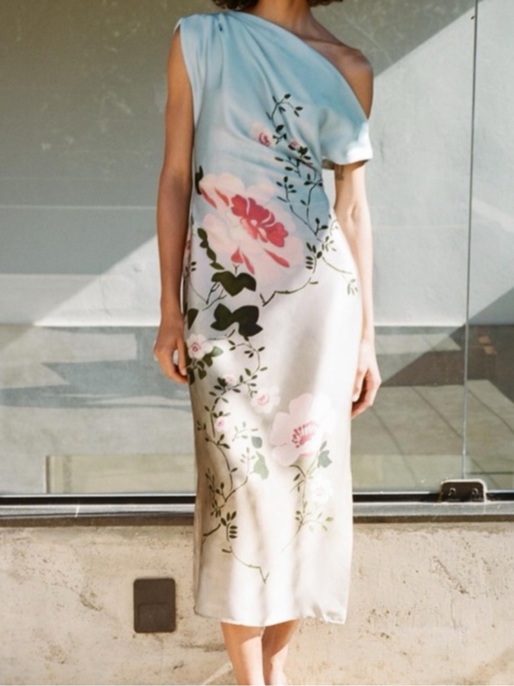 Zara One-Shoulder Floral Midi Dress in Light Blue and Cream